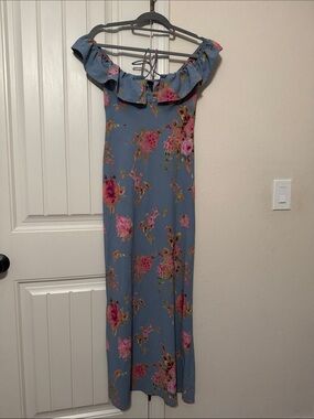 Floral Off-Shoulder Maxi Dress in Dusty Blue